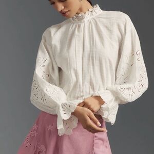 Anthropologie White Long-Sleeve Ruffled Bubble Blouse Large